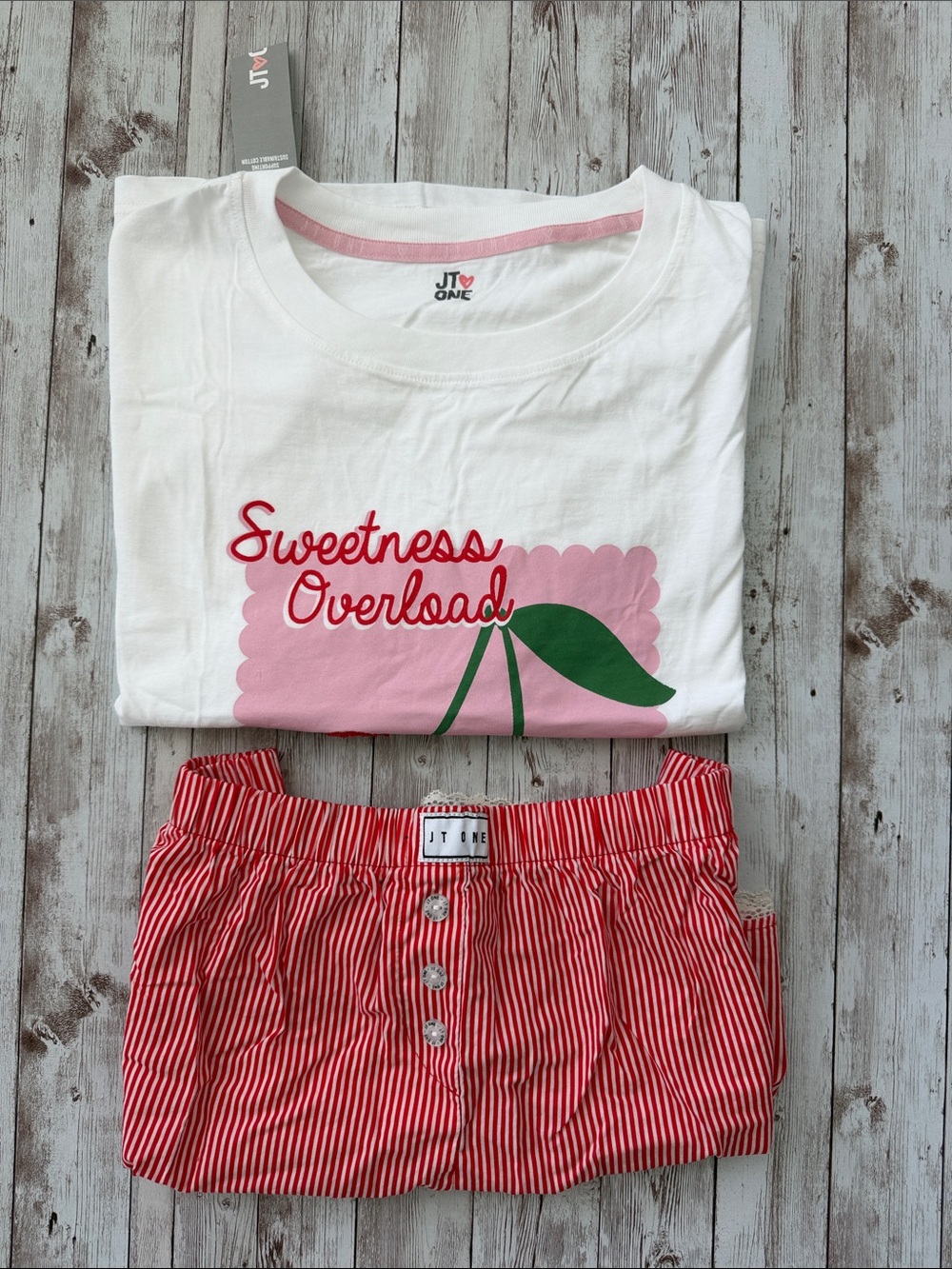 JT One Cherry Pajama Set Sweetness Overload sz Medium White Red Lace Striped - Picture 3 of 14